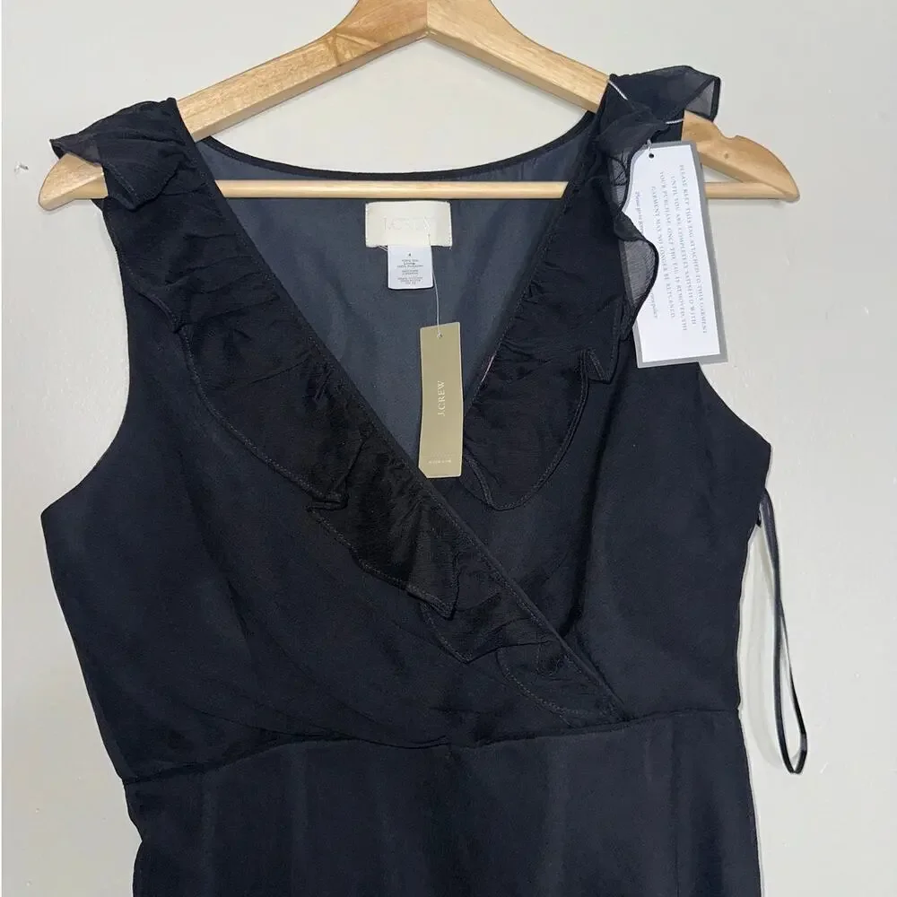 J.Crew 100% Silk Ruffle Wrap V-Neck Black Midi Dress Size 4 NWT